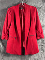 Kasper Womens Red Open-Front Blazer Jacket With Ruched Sleeves & Zipper Pockets