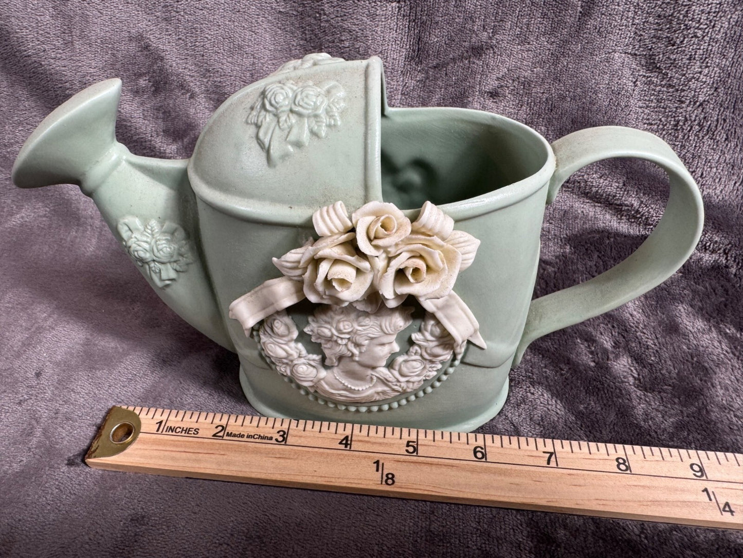 Vintage Ceramic Watering Can With Floral Embellishments & Cherub Design