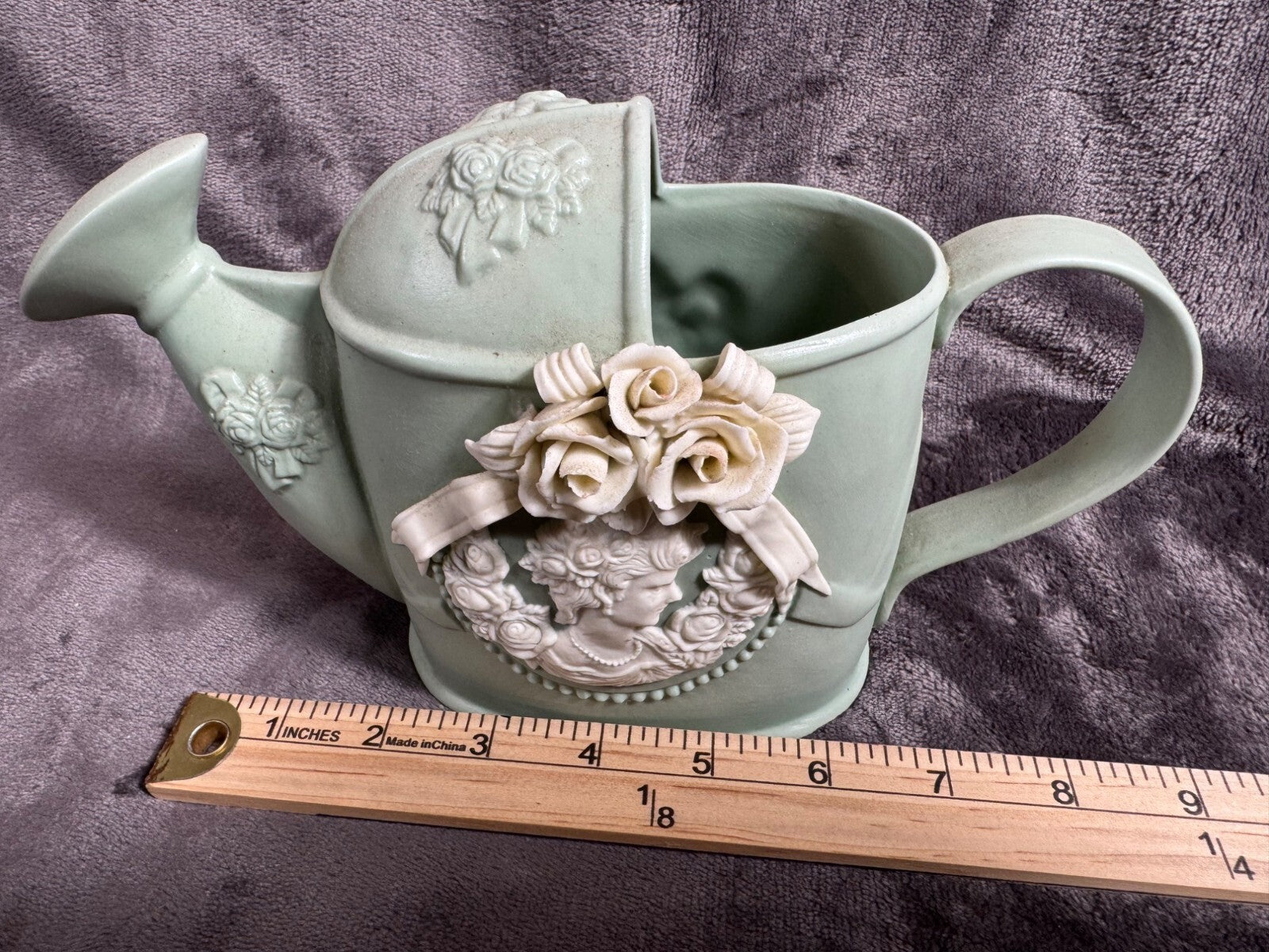 Vintage Ceramic Watering Can With Floral Embellishments & Cherub Design