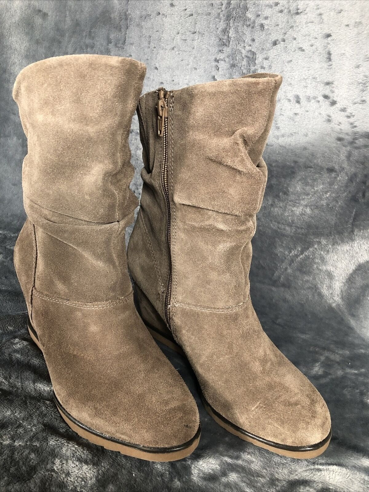 Suede Boots Woman's Wedge Heel Slouch Brown Boots With Zipper Closure & Stitch