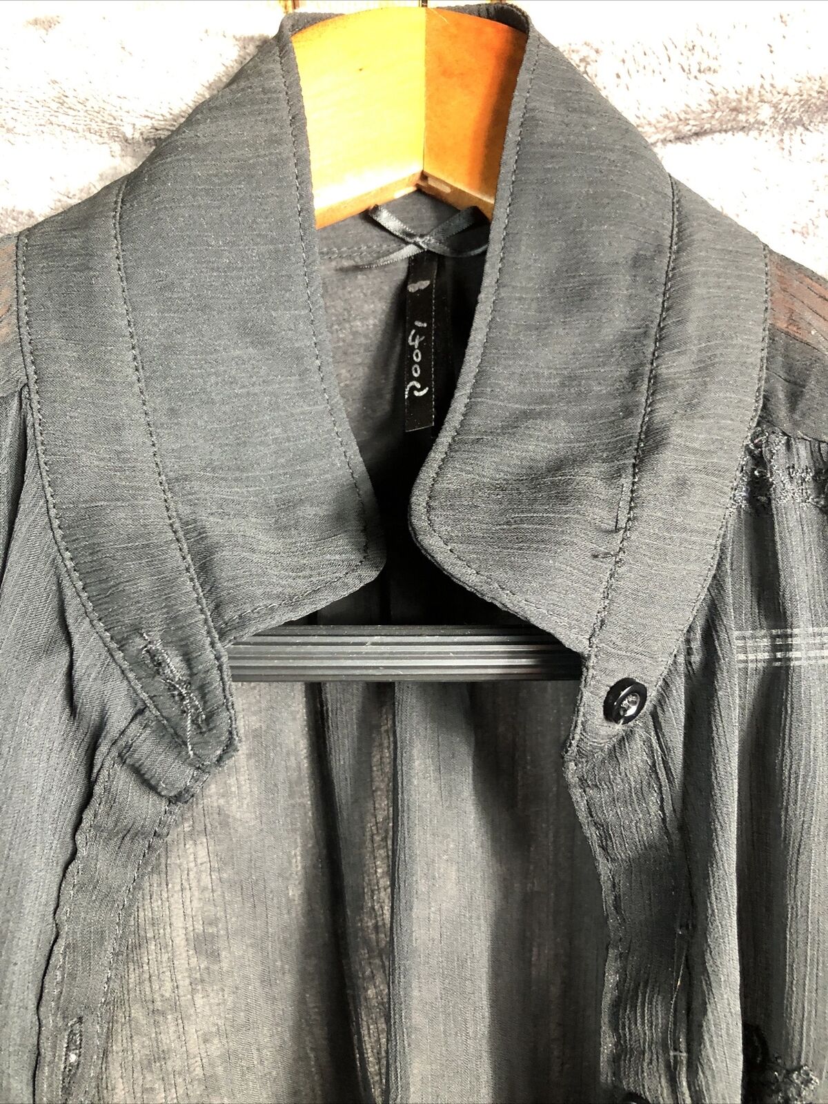 Poof Blouse  Black Sheer Geometric Stitch Women’s Size M