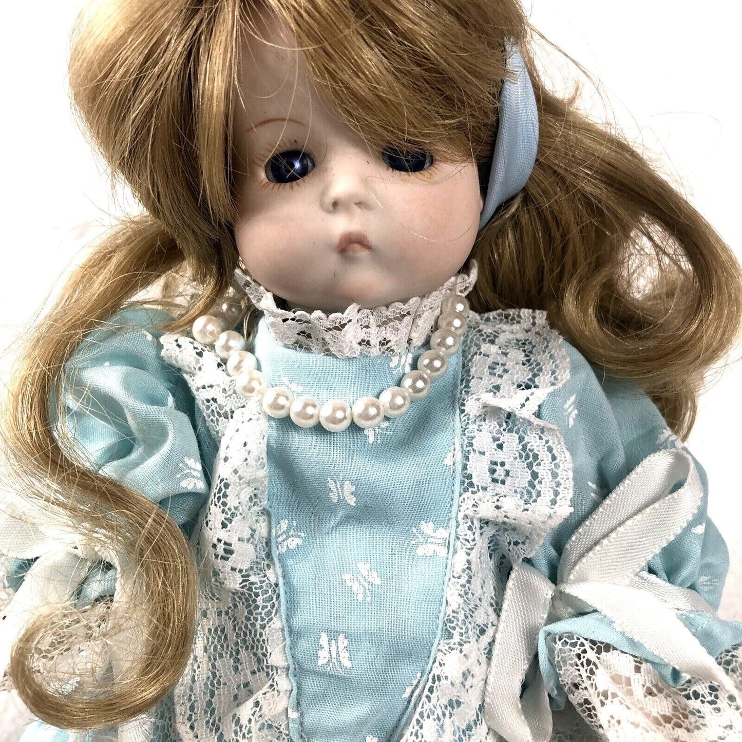 Vintage Porcelain Doll With Blue Dress & Pearls