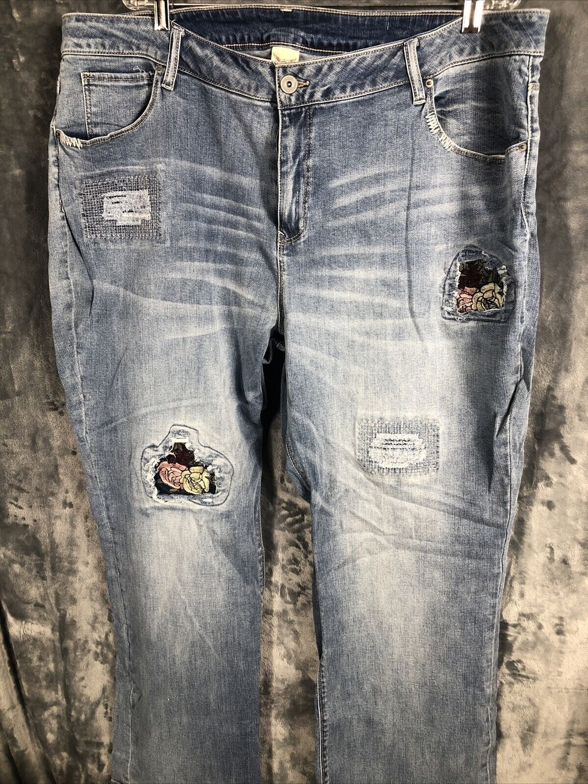 Vintage Distressed Womans Jeans Blue Denim With Floral Patchwork