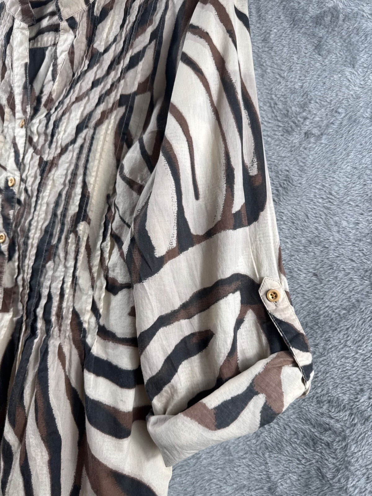 Style & Co Womens Shirt Zebra Print Button-Front Blouse M  Brown/Beige