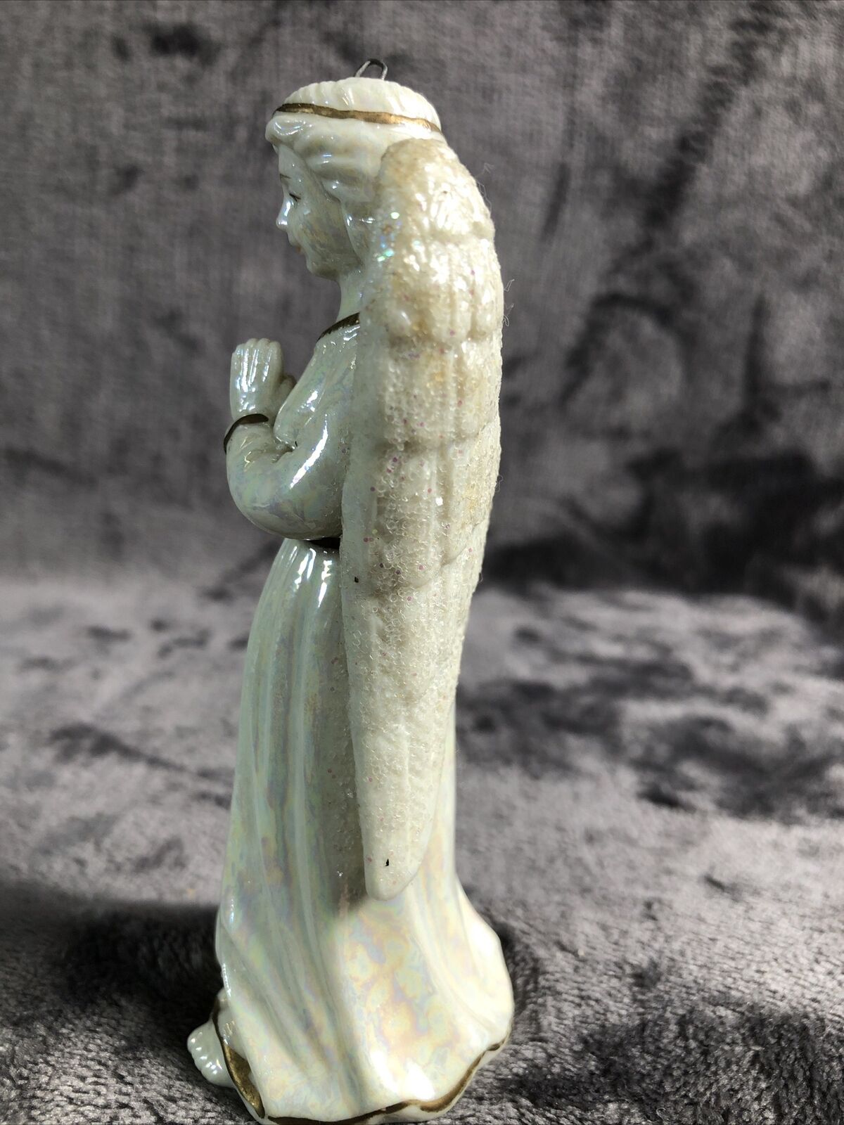 Praying Angel Ornament Vintage Sparkling Wings Without String Gold Trim