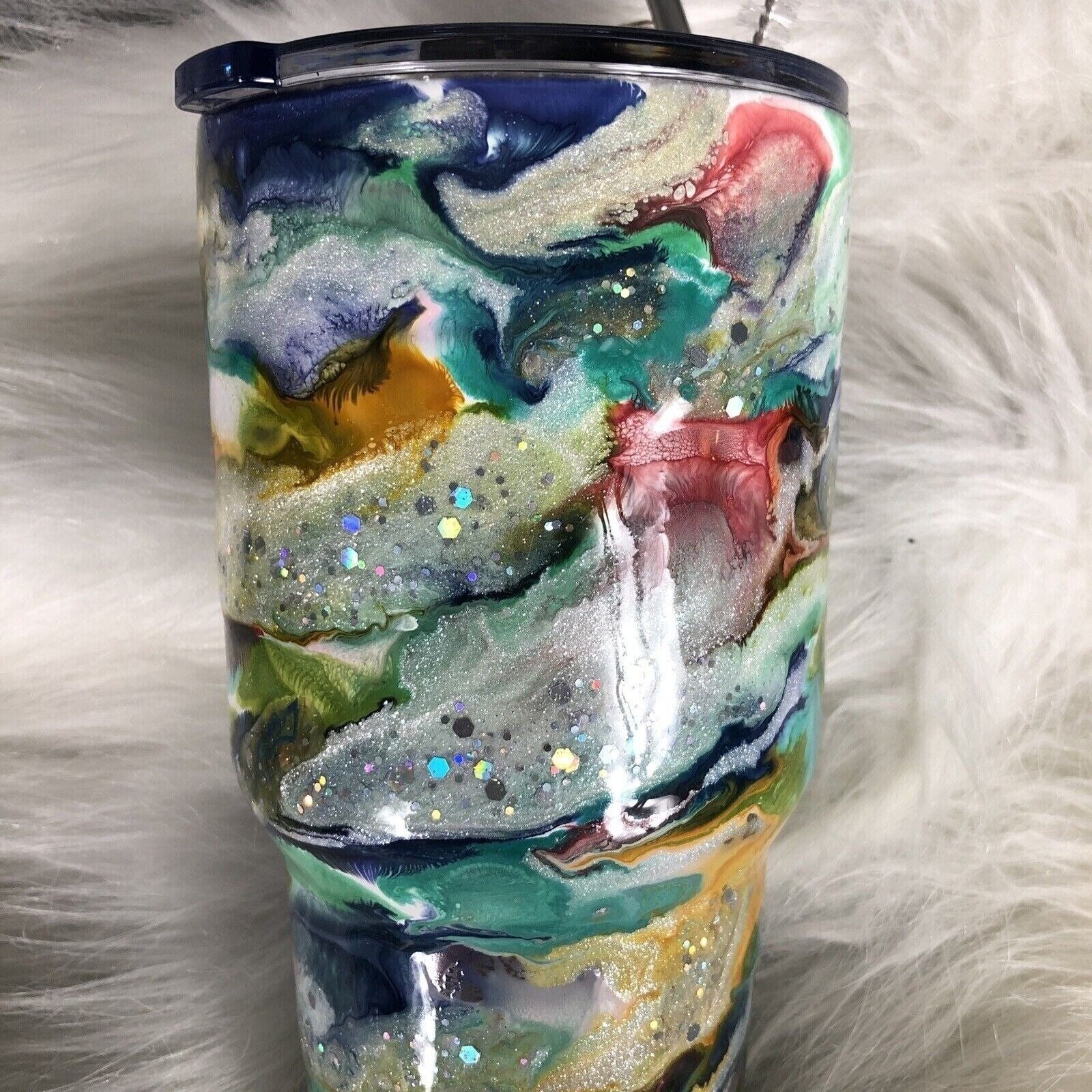 32 oz Tumbler Handmade Stainless Steel Blue/Silver Swirl Design