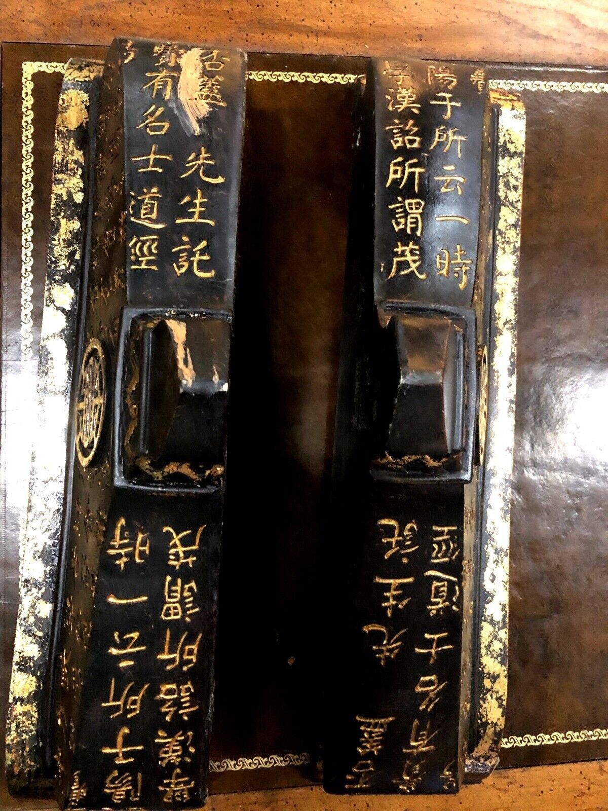 Antique Chinese Calligraphy Bookends With Gold Detailing & Characters