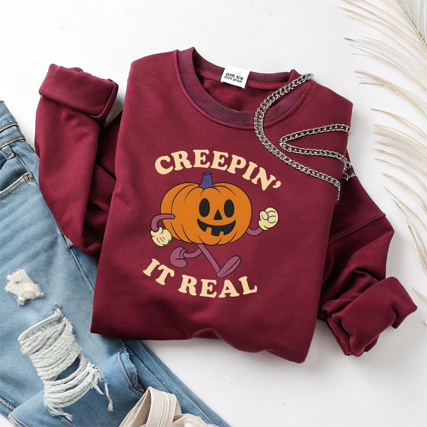 Womans Sweatshirt  Fun Creeping It Real Halloween Top Funny Ghost Pullover Shirt