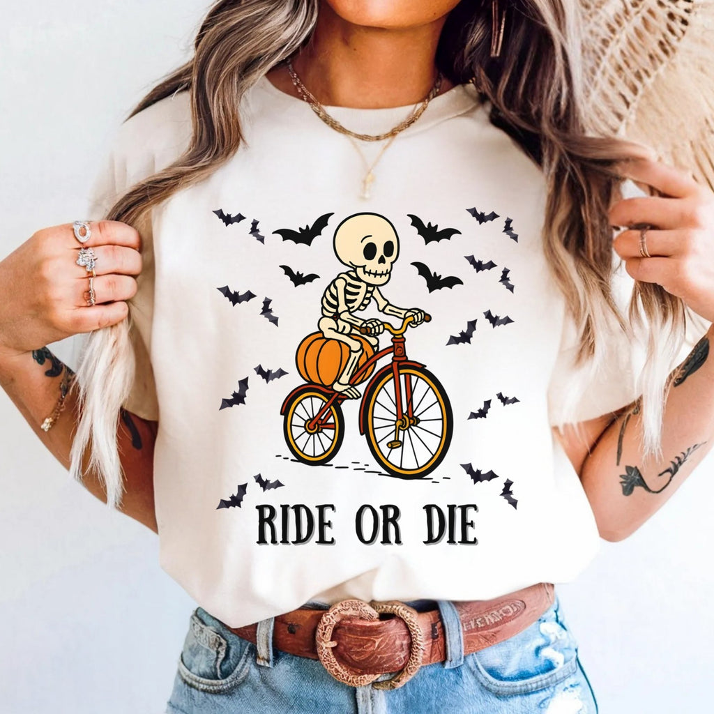 Womans Halloween T Shirt Bone to Ride Shirt  Skeleton on a Bike Skull Funny Tee