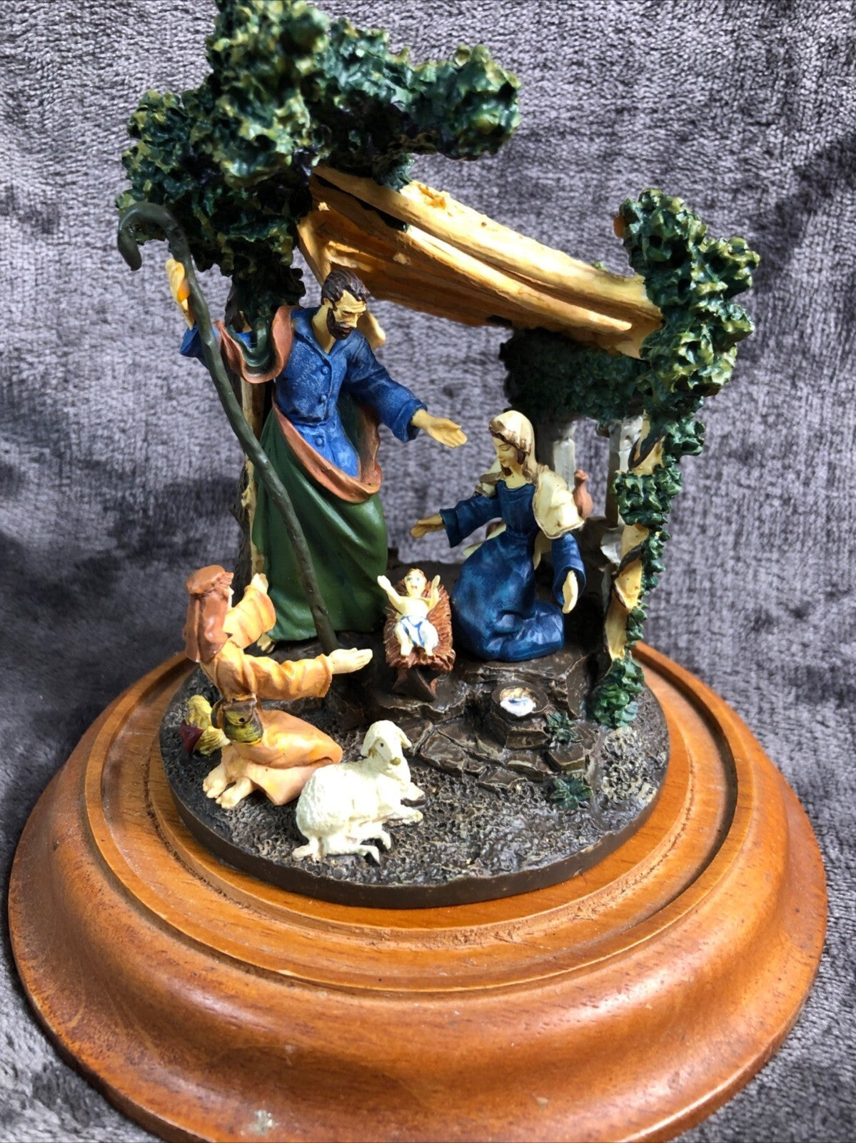 Nativity Scene Under Glass Dome With Wooden Base