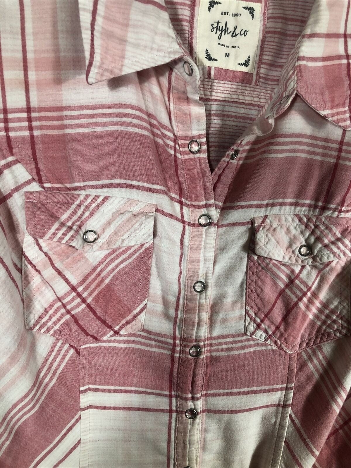 Style & Co Womens Pink Plaid Button-Up Shirt M