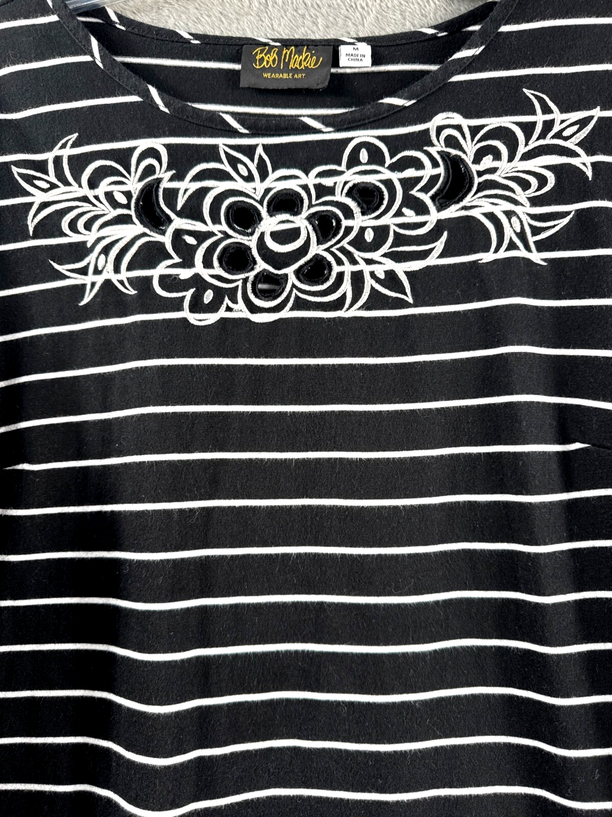Bob Mackie Wearable Art Black & White Striped 3/4 Sleeve Top With Floral Embroid