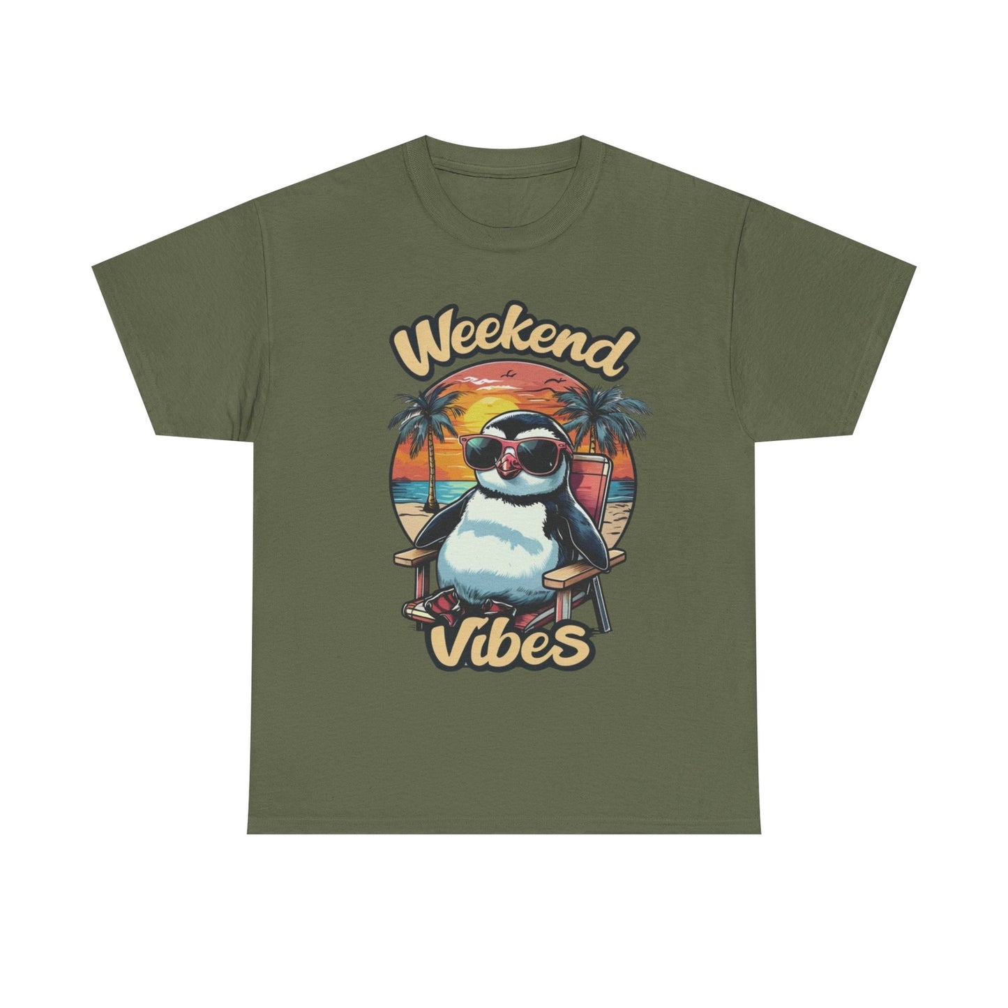 Womans T Shirt Weekend Vibes Military Green Shirt With Penguin & Sunset Top