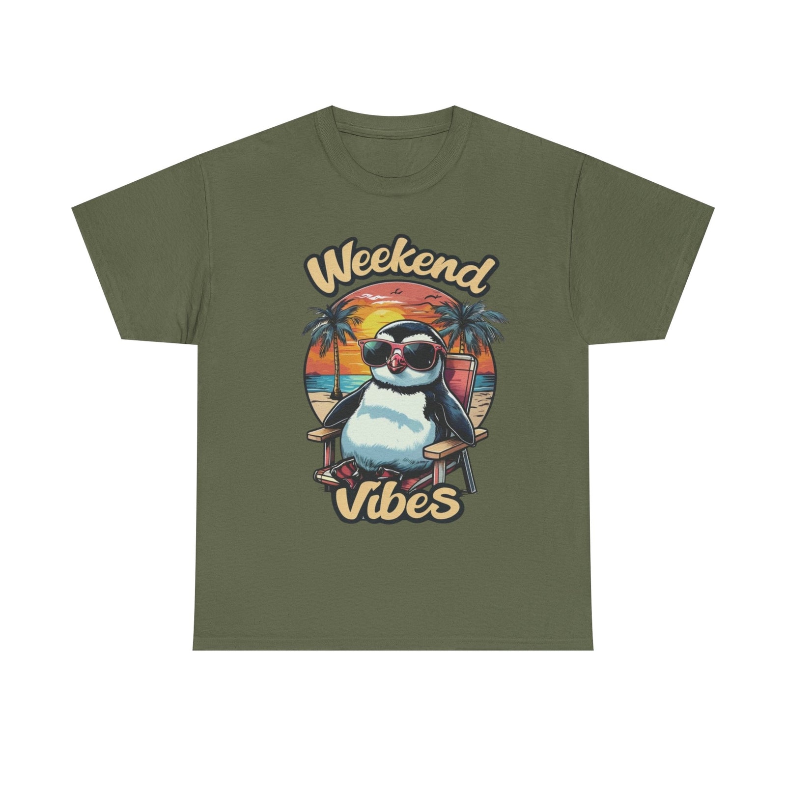Womans T Shirt Weekend Vibes Military Green Shirt With Penguin & Sunset Top