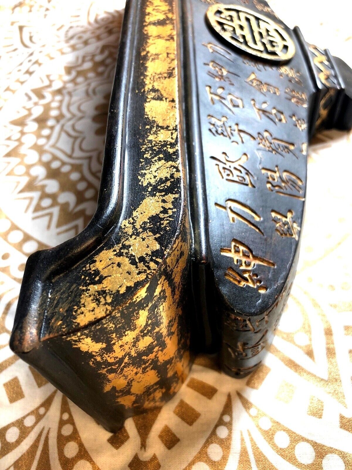 Antique Chinese-Style Black & Gold Decorative Wall Shelf With Carved Characters