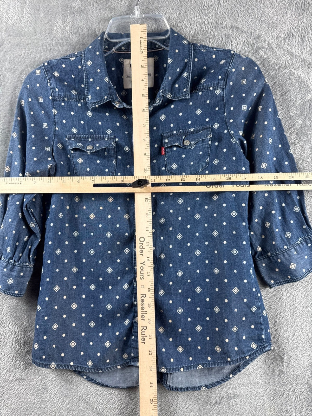 Levis Blue Denim Shirt W/ White Geometric Print Button-Down Front Long Sleeves