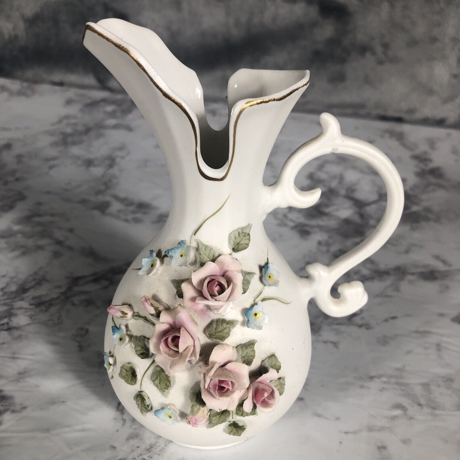 Lefton China 3D Rose Blue Flowers Pitcher 6"h Vase 4.25"h Vintage 