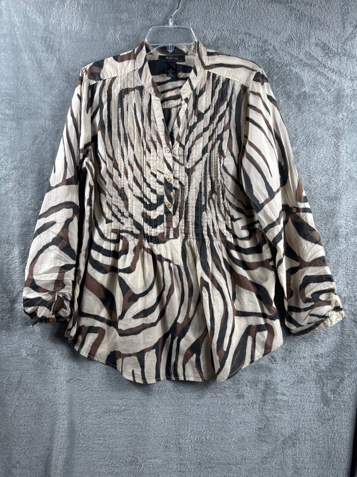 Style & Co Womens Shirt Zebra Print Button-Front Blouse M  Brown/Beige