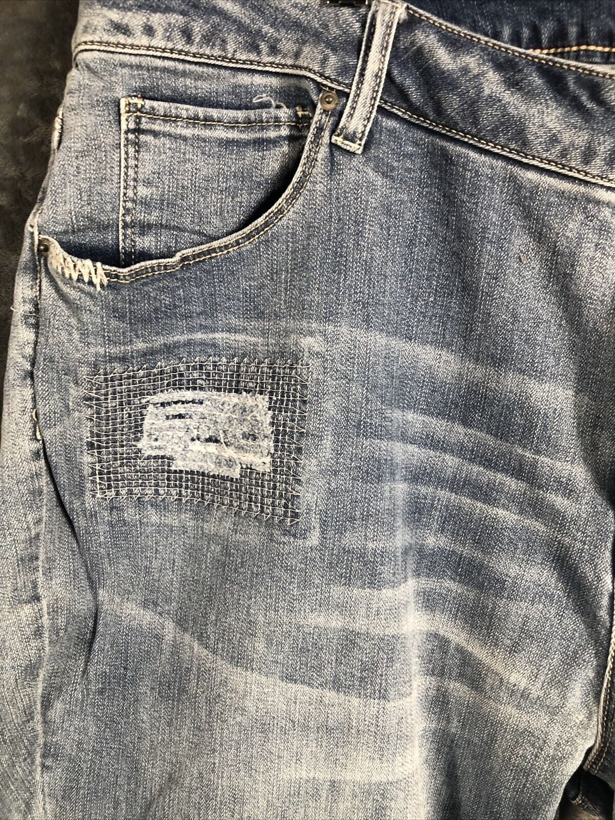 Vintage Distressed Womans Jeans Blue Denim With Floral Patchwork