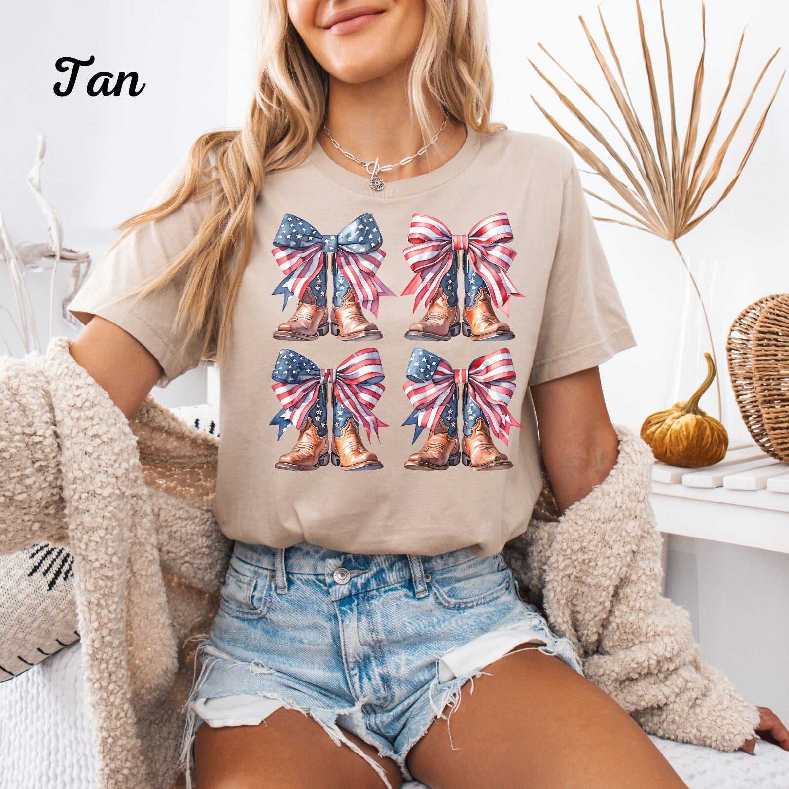 Womans T Shirt 4th of July American Flag Cowgirl Coquette Boots Top