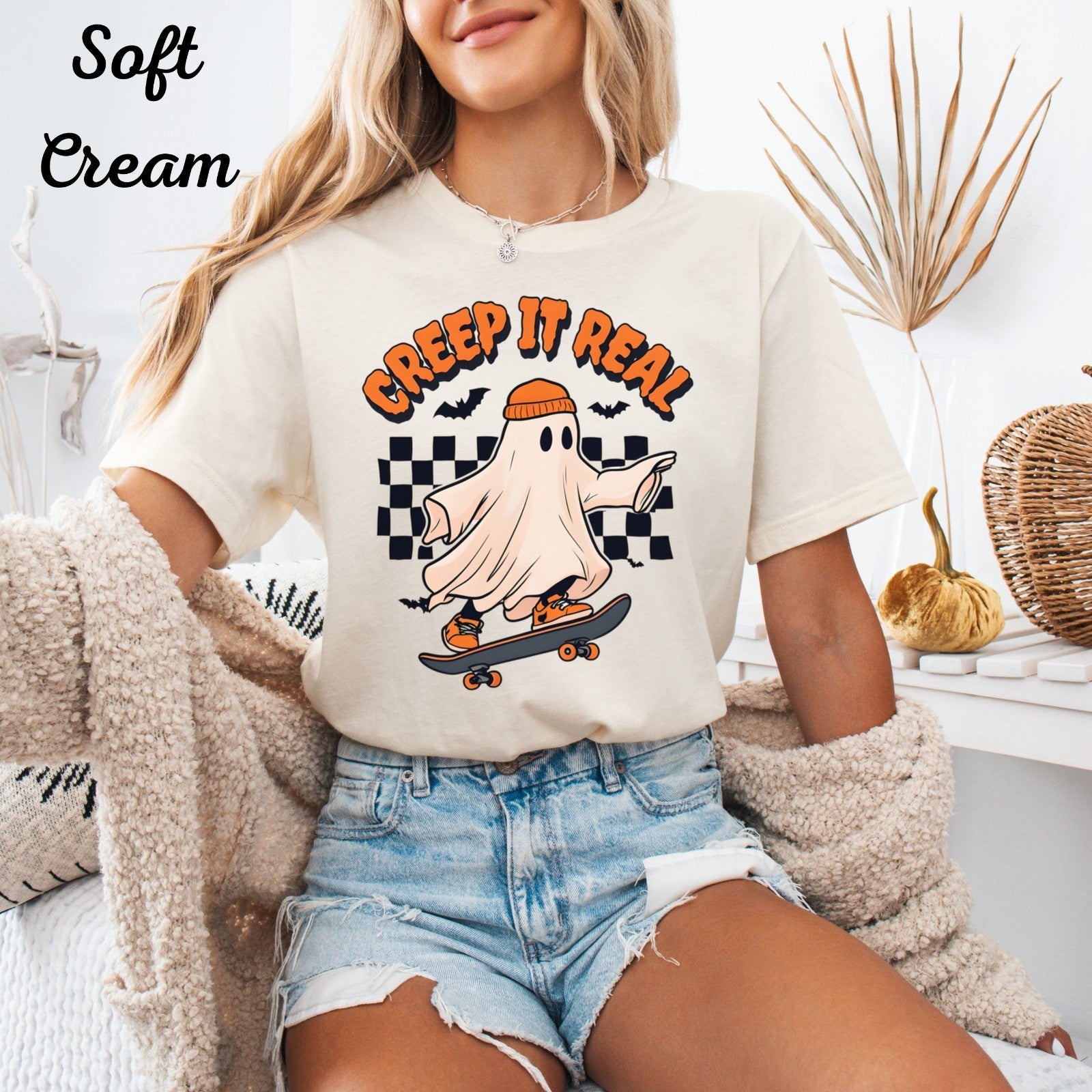 Womans T Shirt Retro Halloween Creep It Real Top Ghost Witch Fall Spooky Shirt