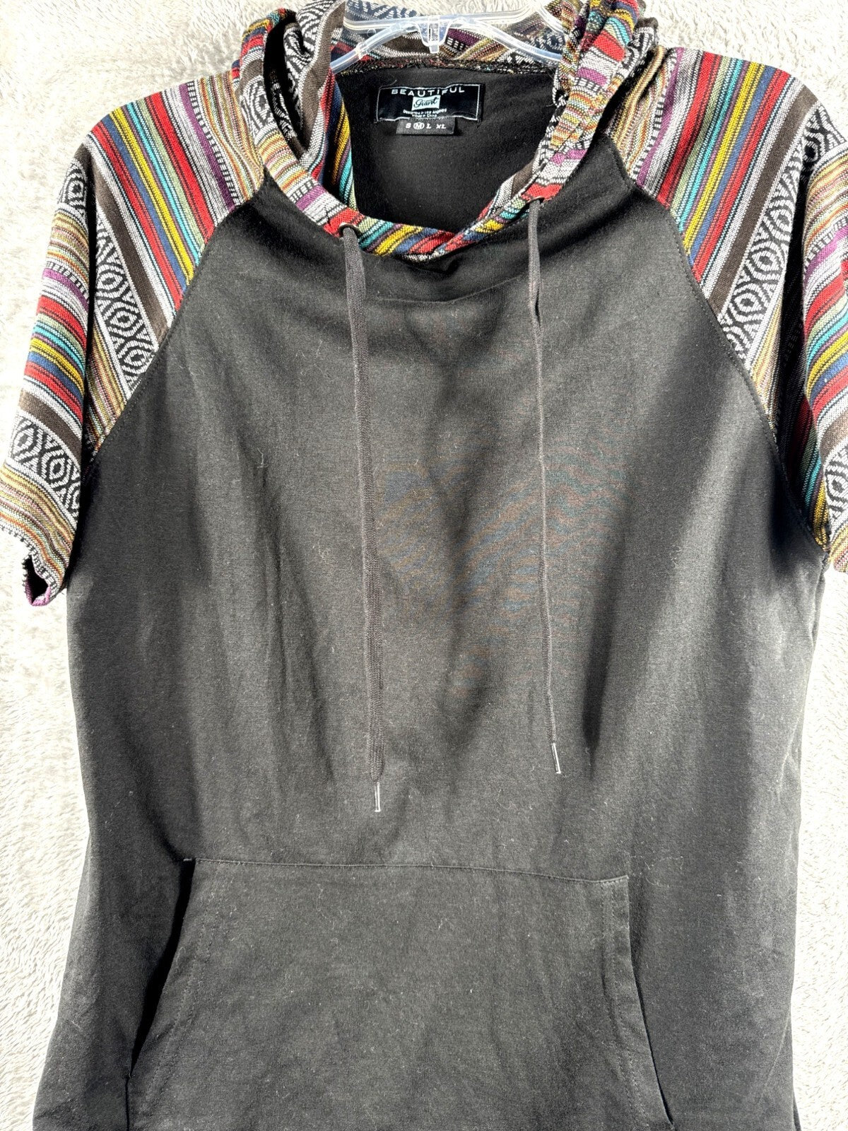 Beautiful Giant Mens Shirt Black Hoodie With Aztec Print Raglan Sleeves Size M