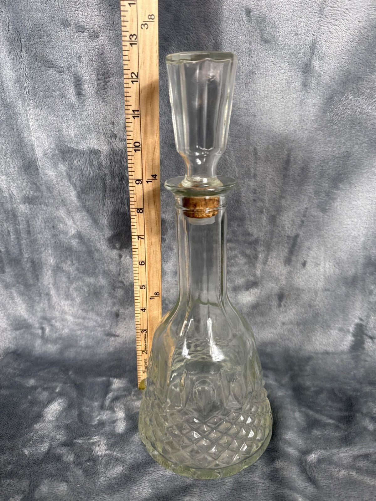 Vintage Glass Decanter - Diamond Pattern, Pressed Glass With Faceted Stopper Mor