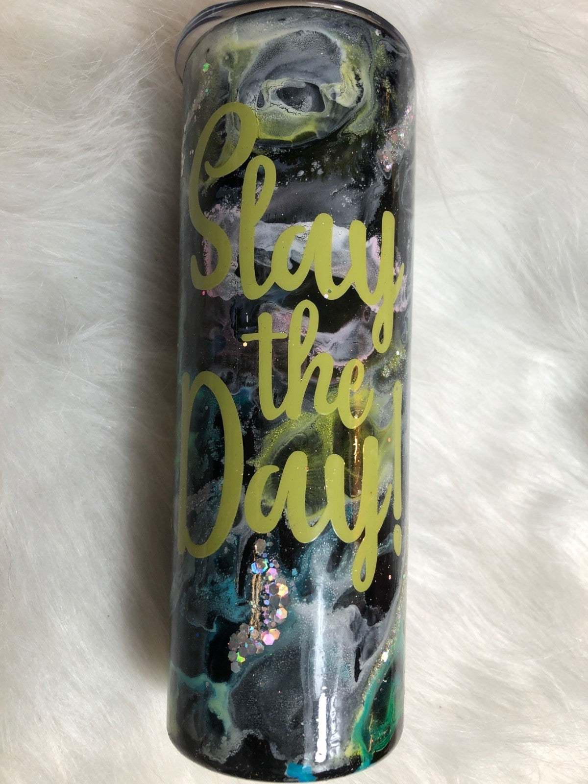 "Slay The Day!" Glitter Tumbler With Cosmic Design