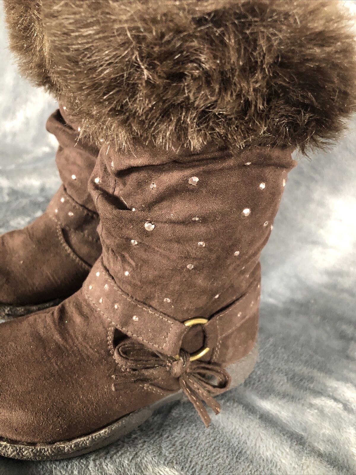 Girls Boots Brown Piper Bling Boots Faux Fur Tops Size 7