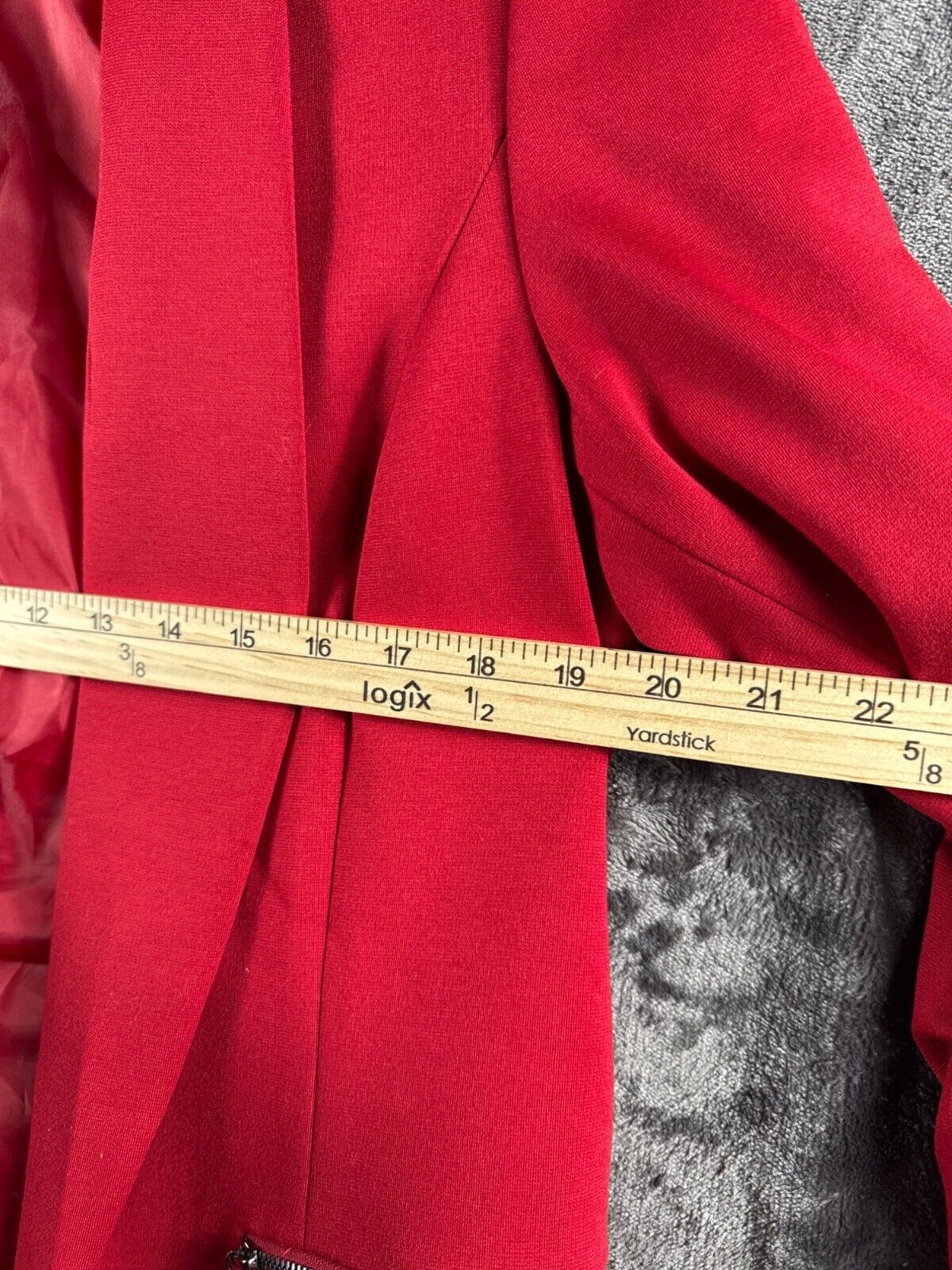 Kasper Womens Red Open-Front Blazer Jacket With Ruched Sleeves & Zipper Pockets