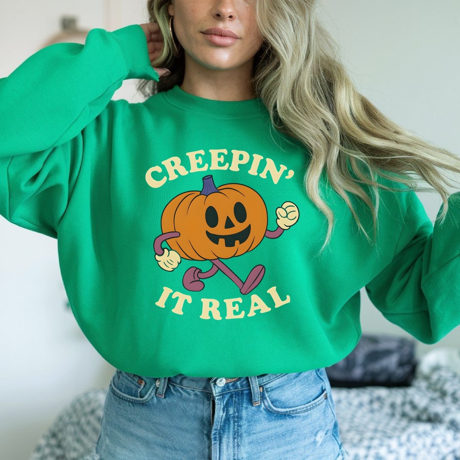 Womans Sweatshirt  Fun Creeping It Real Halloween Top Funny Ghost Pullover Shirt