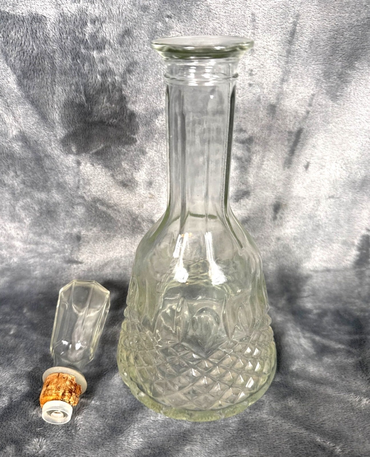 Vintage Glass Decanter - Diamond Pattern, Pressed Glass With Faceted Stopper Mor
