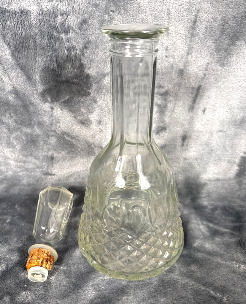 Vintage Glass Decanter - Diamond Pattern, Pressed Glass With Faceted Stopper Mor