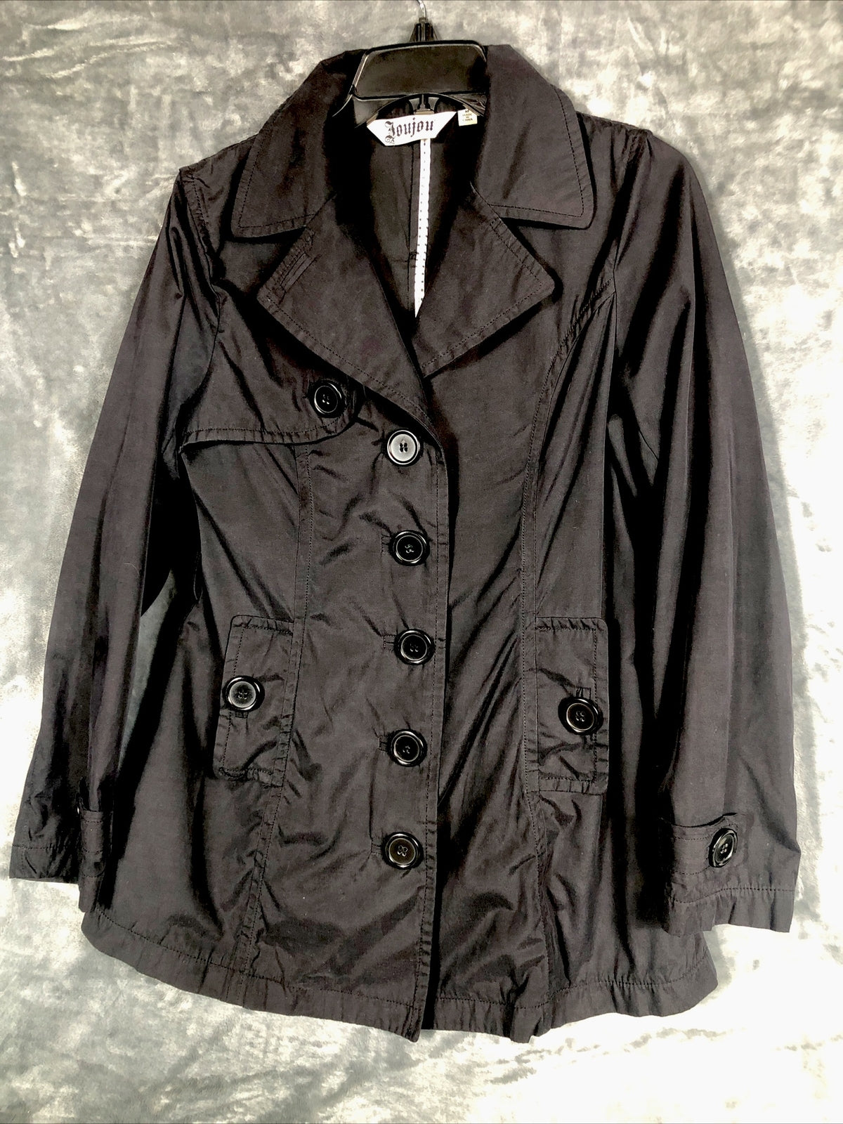 Joujou Ladies Black Trench Coat, Size Lightweight Button Down Missing Belt