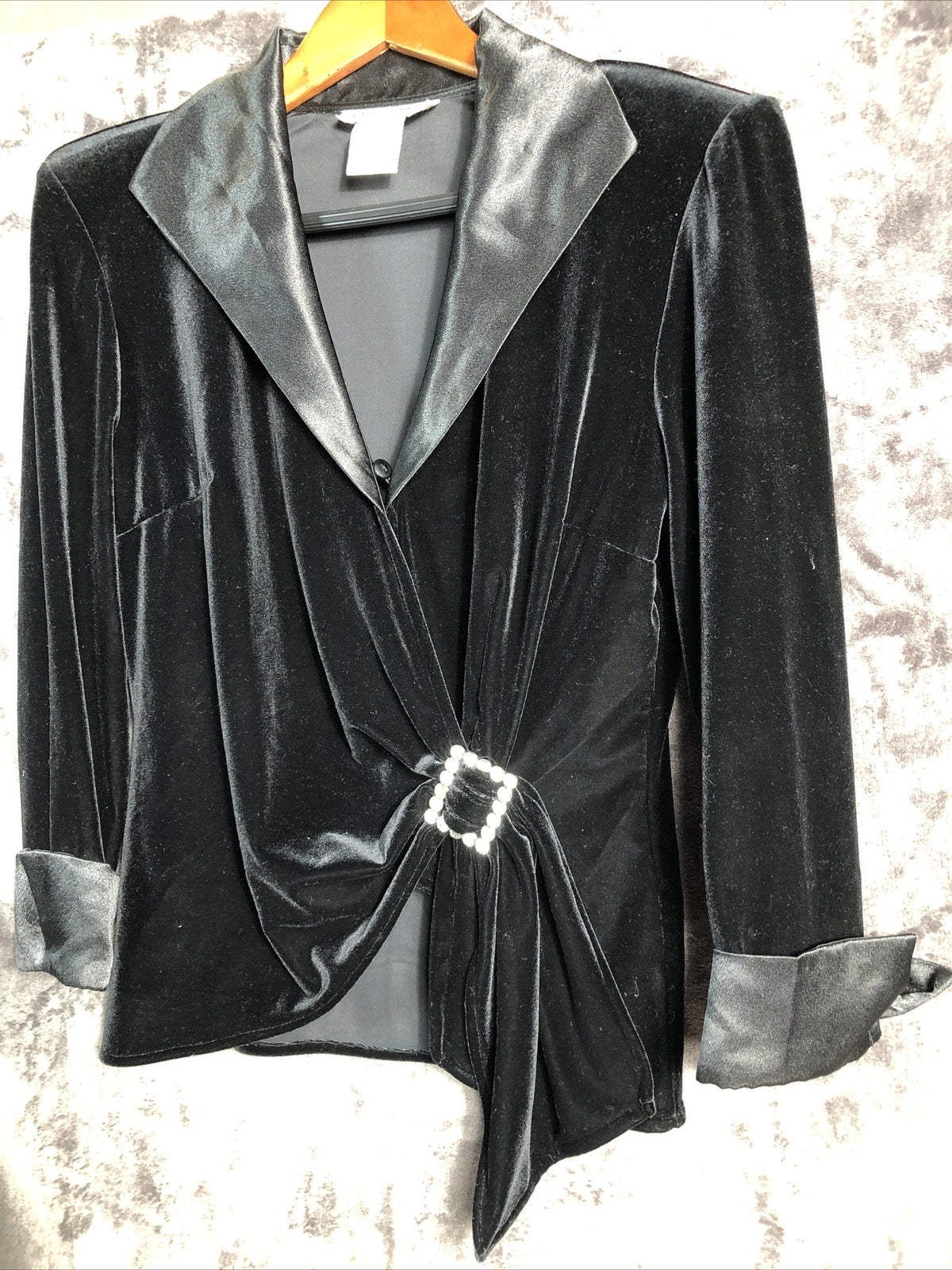 J. R. Nites Woman's Black Velvet Satin Trim Jacket Rhinestone Buckle Size 10