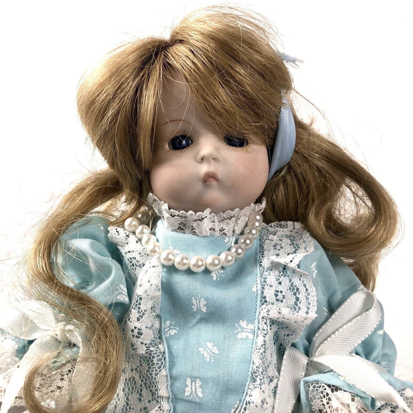 Vintage Porcelain Doll With Blue Dress & Pearls