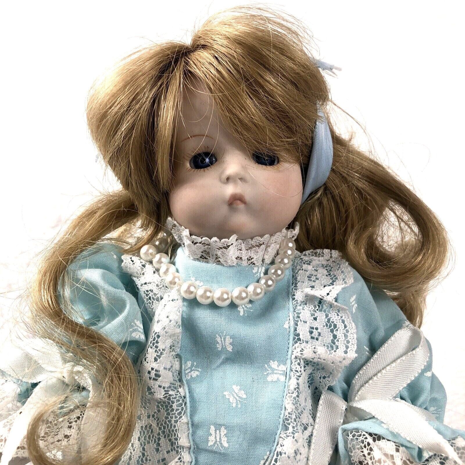 Vintage Porcelain Doll With Blue Dress & Pearls