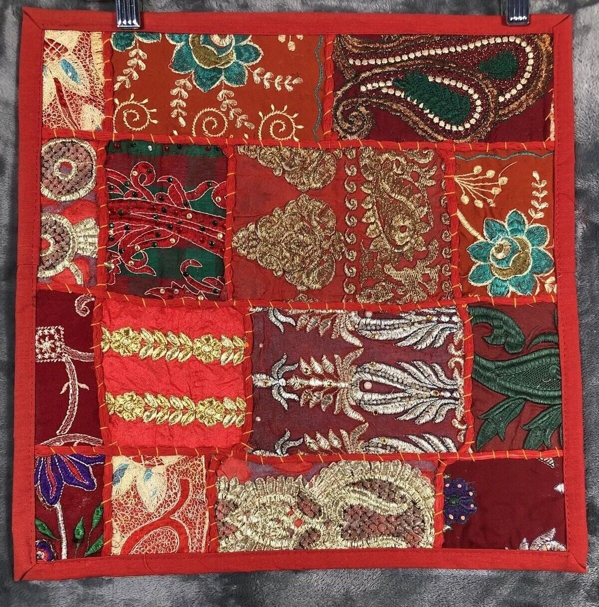 Handcrafted Embroidered Indian Patchwork Decorative Cushion Cover 16"x16" Red Mu