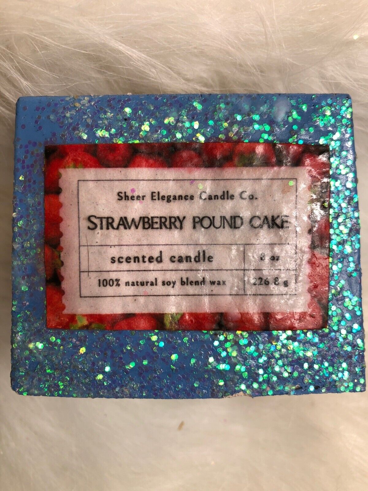 Sheer Elegance Candle Co. Strawberry Pound Cake Scented Candle 8 Oz Blue Glitter