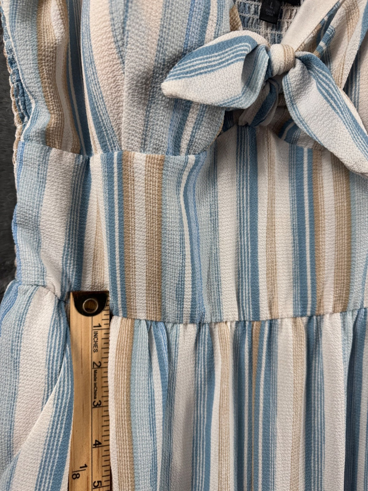 Striped Jumpsuit With Bow Front By As U Wish Size L Blue & Beige Lightweight Wov