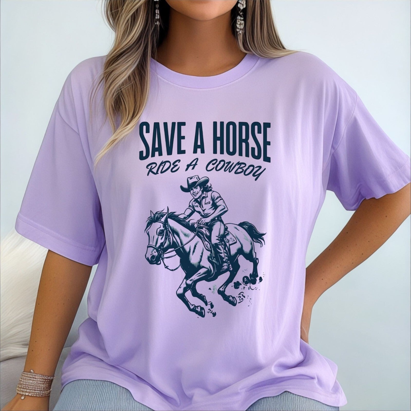 Womans T Shirt Funny Save A Horse Ride A Cowboy Top Graphic Tee Shirt Sizes S-3X