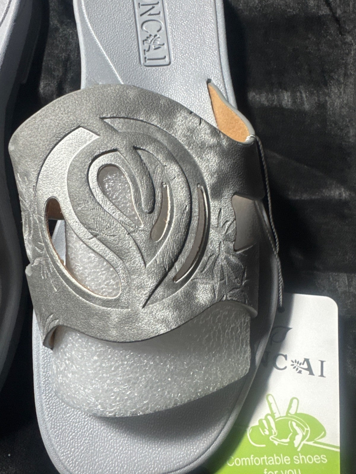 Womens Silver Slip-On Sandals By Oncai With Stylish Cut-Out Design & Embossed