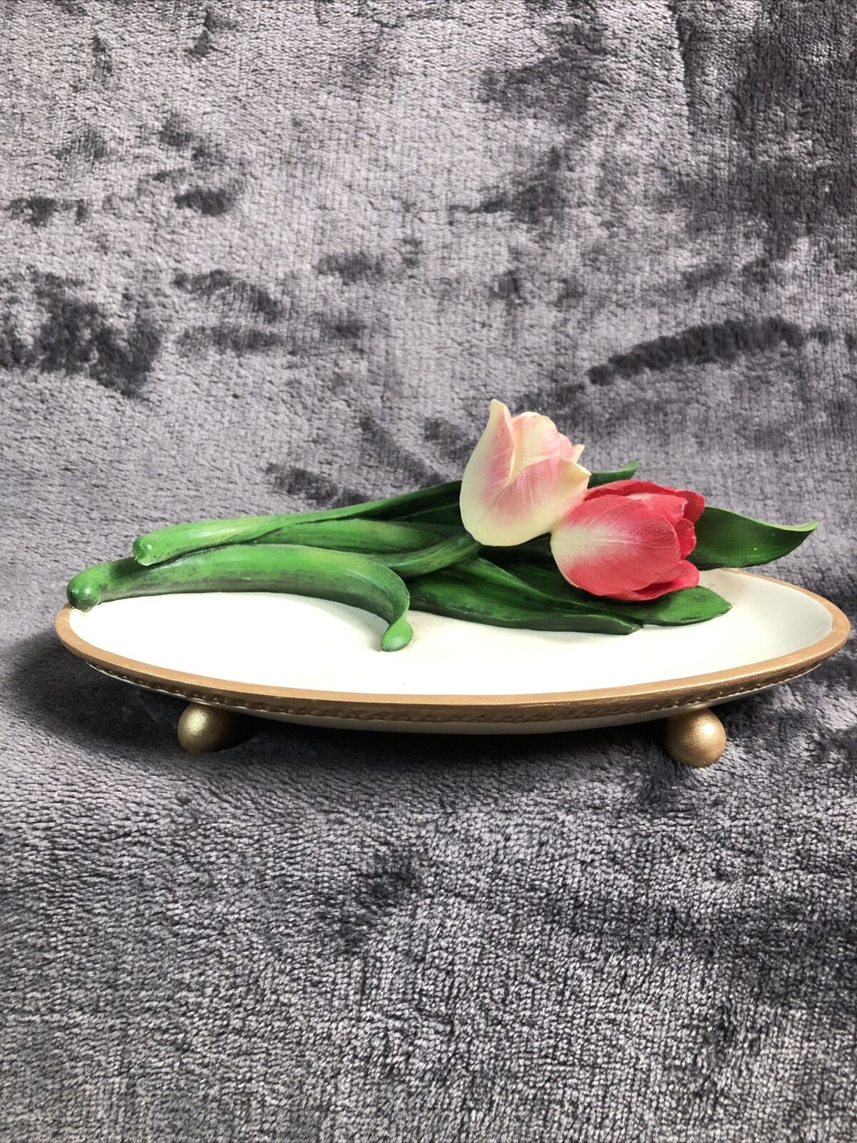 Artisan Flair Buds n Bows Pink Flowers Dish Gold Trim An Feet