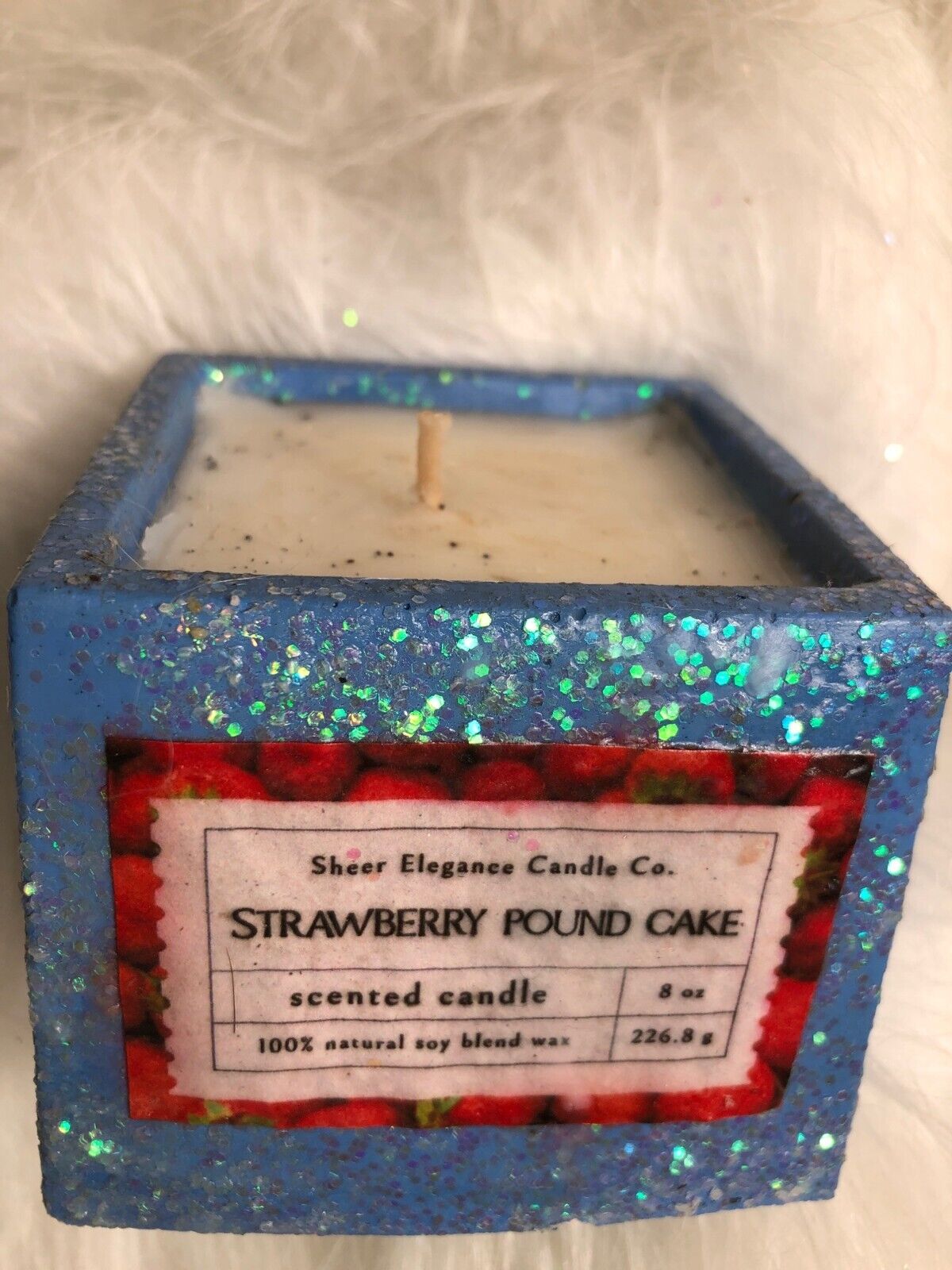 Sheer Elegance Candle Co. Strawberry Pound Cake Scented Candle 8 Oz Blue Glitter