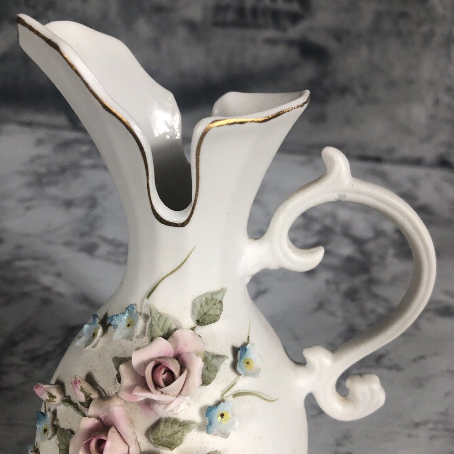 Lefton China 3D Rose Blue Flowers Pitcher 6"h Vase 4.25"h Vintage 