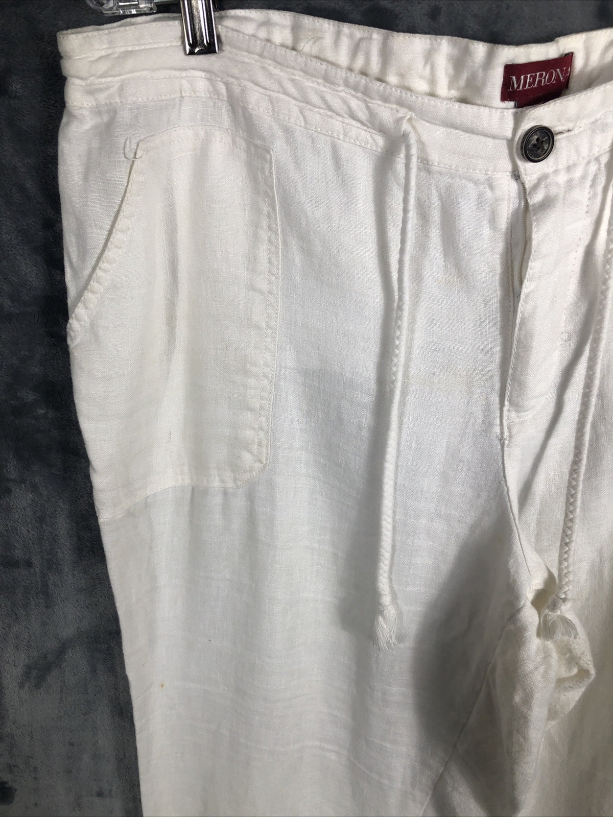Merona Pants Woman’s Lounge Ivory Linen Pants Pockets Roll Tab Cuff Elastic XL