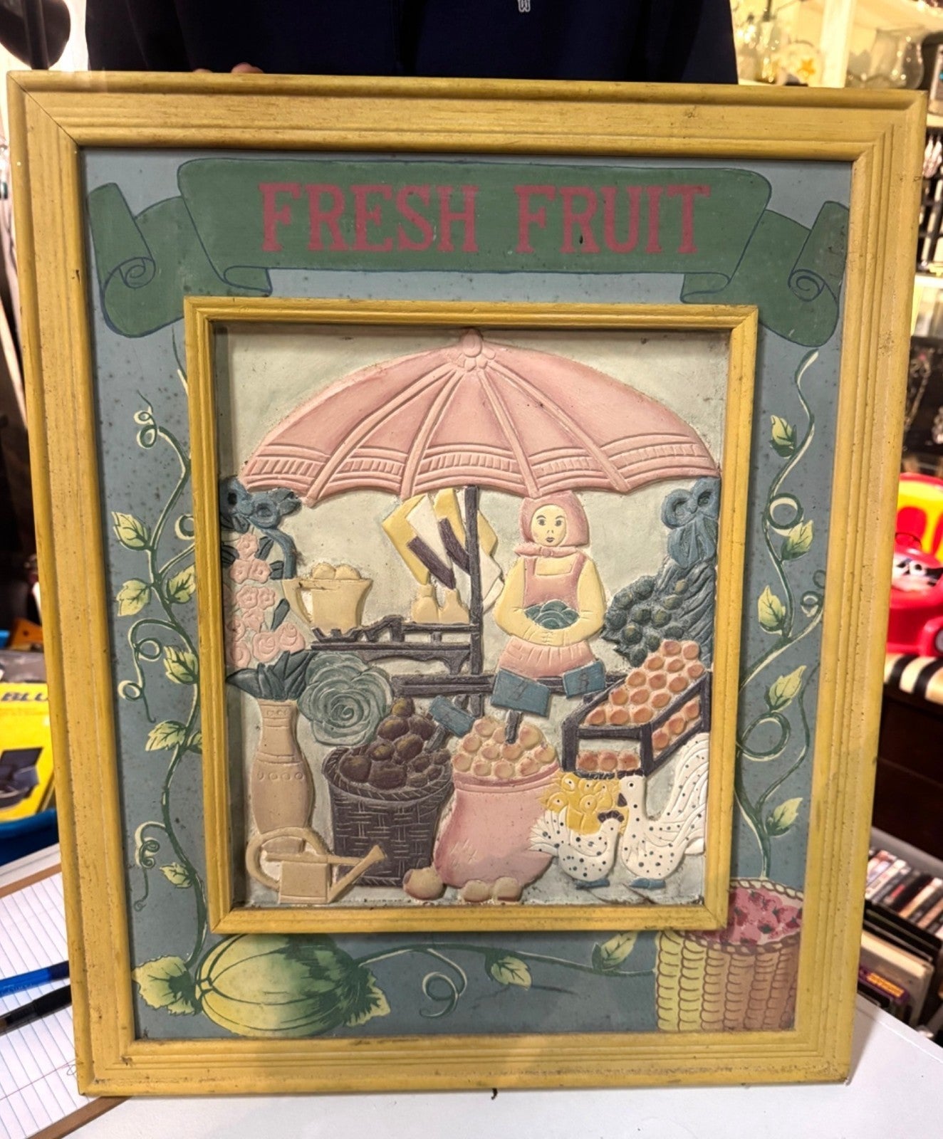 Vintage Fresh Fruit 3D Wall Art With Yellow Frame Farmer Market Scene Hand-Paint
