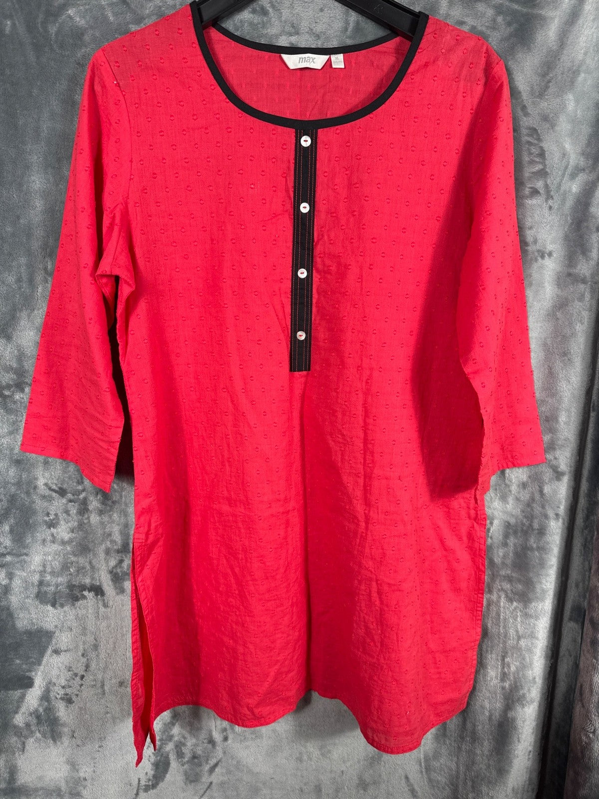 Max Red Dotted Tunic Top With Black Trim & Button Placket XL