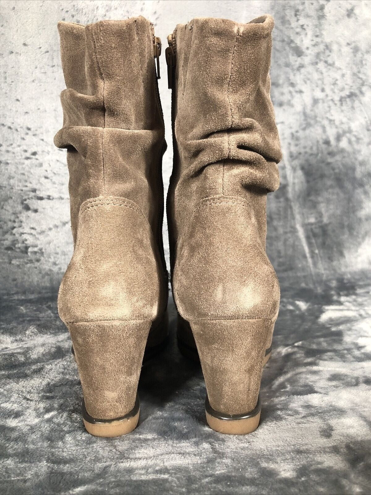 Suede Boots Woman's Wedge Heel Slouch Brown Boots With Zipper Closure & Stitch