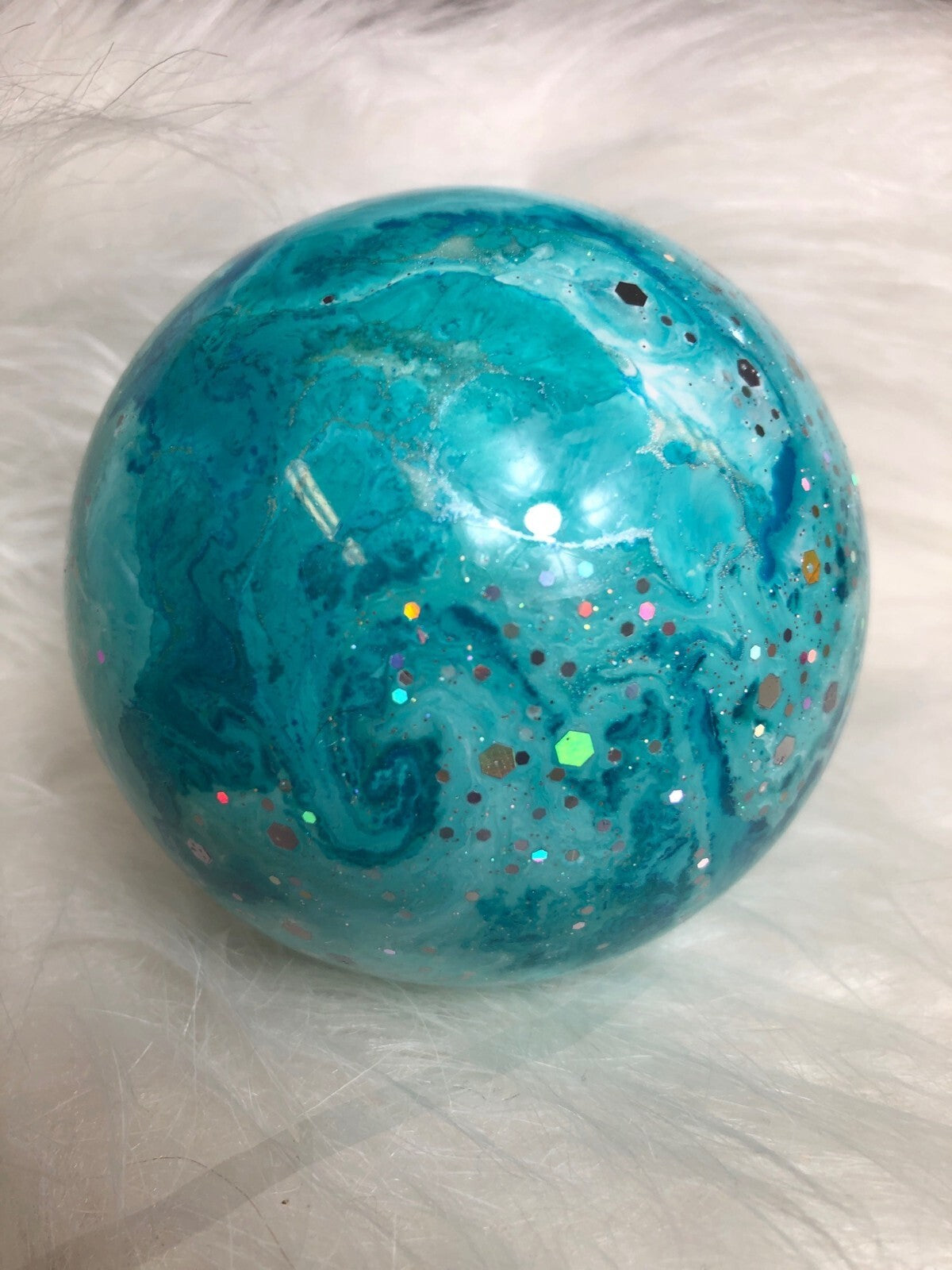 Handmade Glittery Aqua Christmas Ornament With Silver Cap